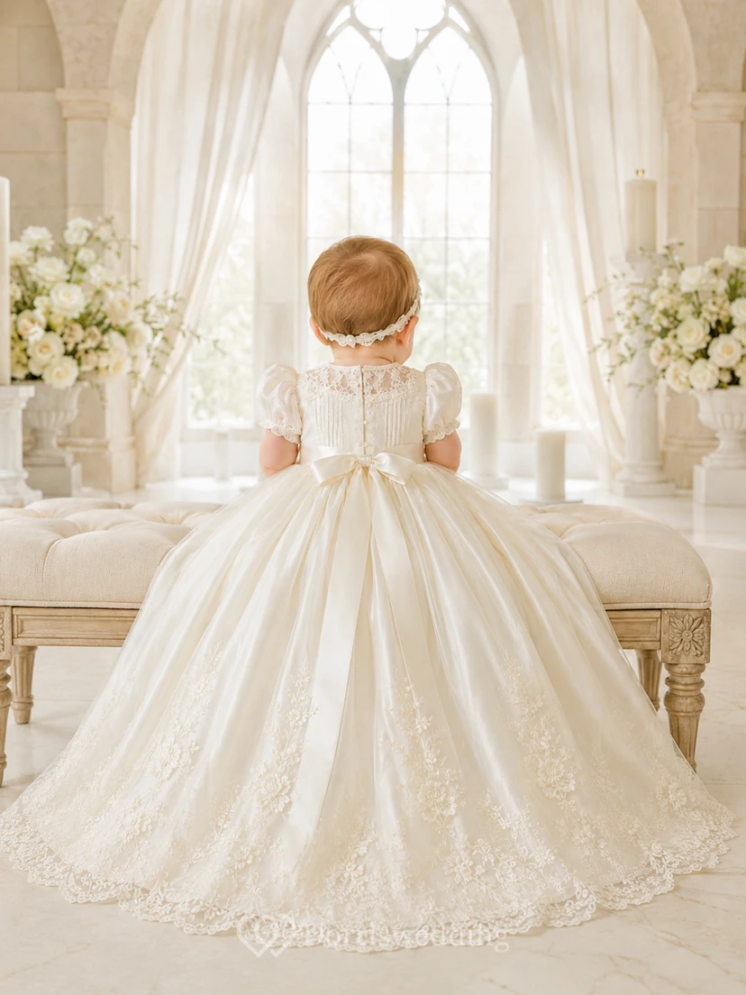 Puff Sleeve Christening Gown A-Line Lace Tulle High Neck Embroidered Skirt view 2