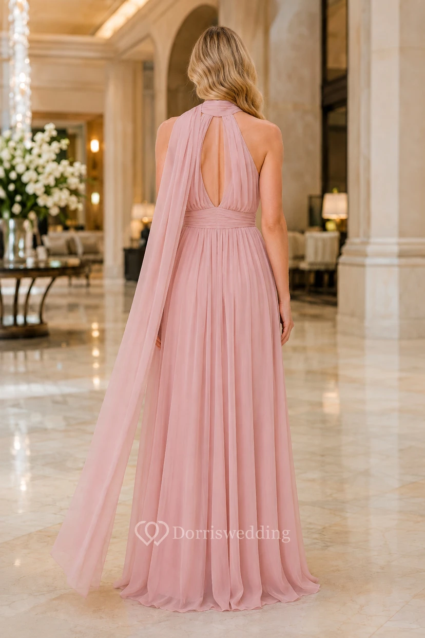 Blush Halter Chiffon A-Line Formal Dress with Cape view 2