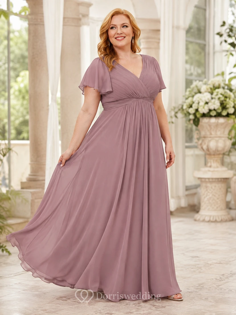 Elegantes, bodenlanges Abendkleid in Übergröße aus Chiffon im Empire-Stil mit V-Ausschnitt, kurzen Ärmeln und Vintage-Mauve-Finish in Übergröße