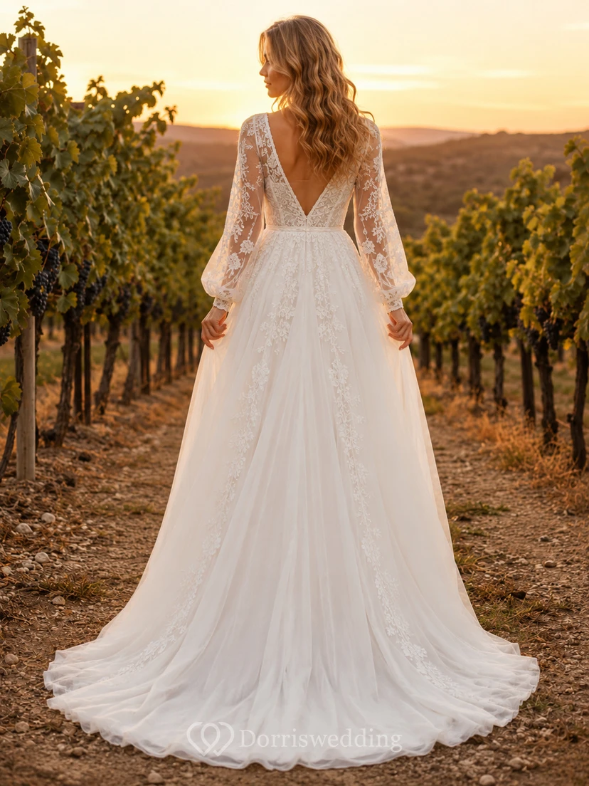 Embroidered Long Sleeve Vineyard A Line Bridal Gown view 2