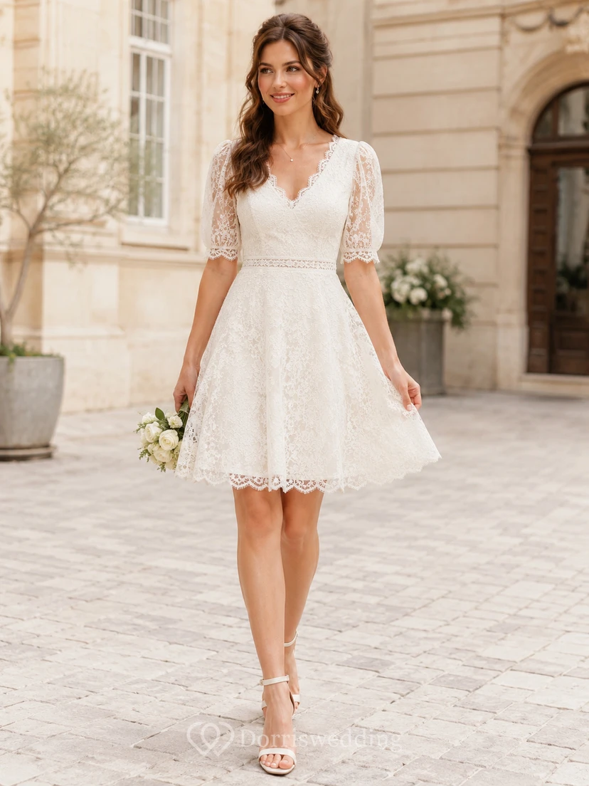 Vintage V Neck Half Lace Sleeve A Line Mini Civil Wedding Dress