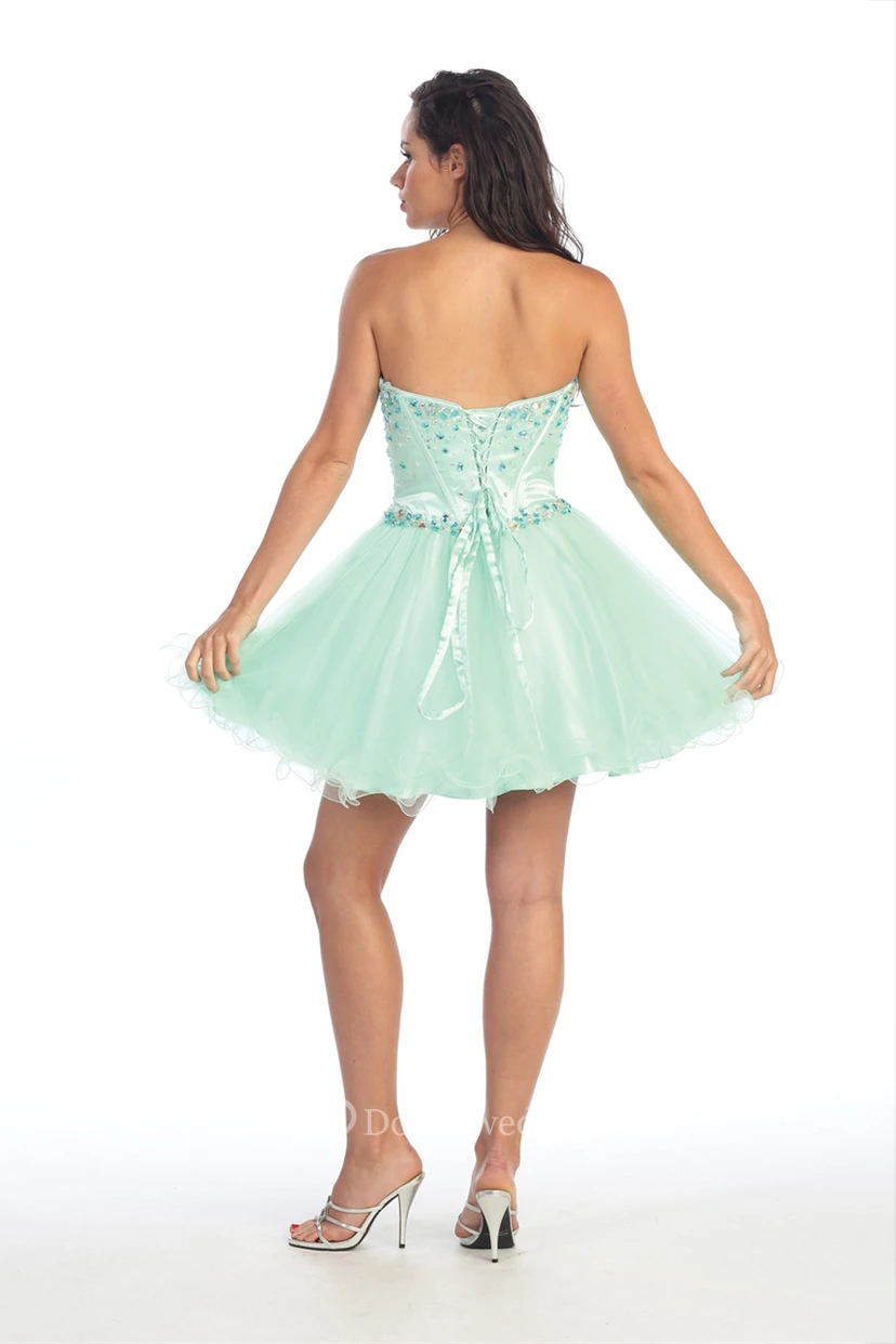 A-Line Short Sweetheart Sleeveless Tulle Corset Back Dress With Ruffles And Beading view 2