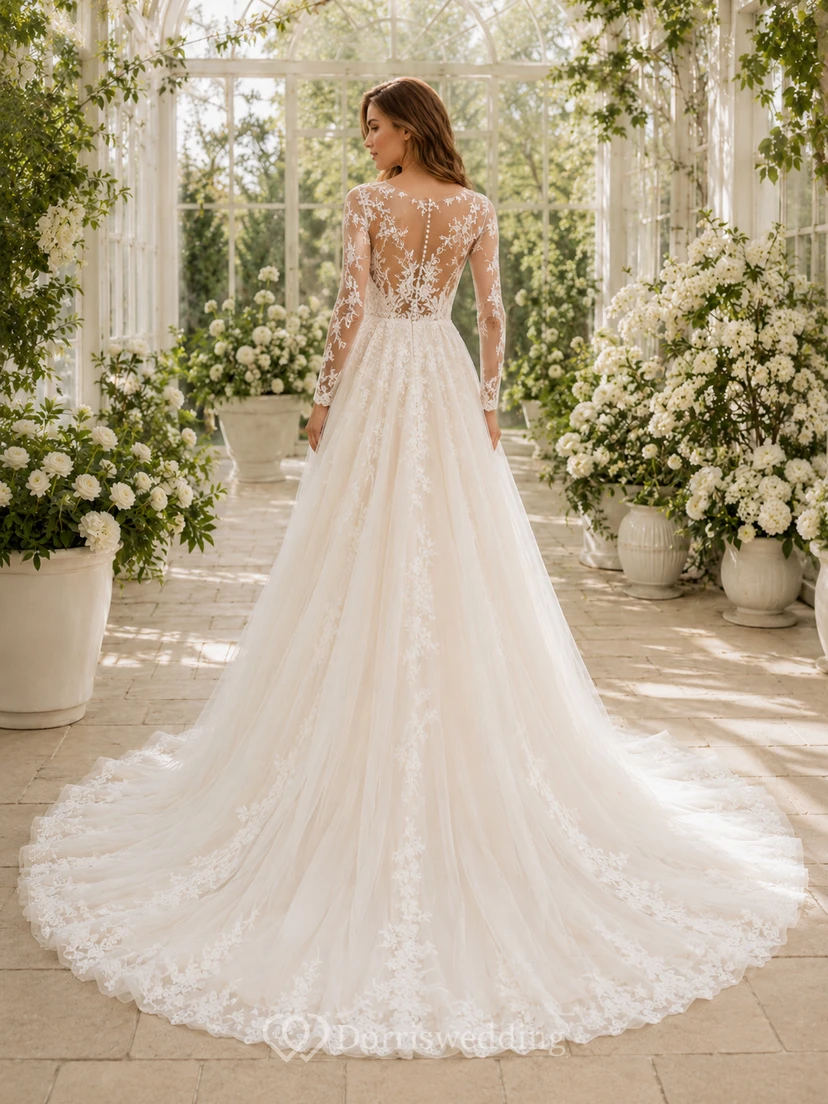 Lace Tulle Wedding Dress A-Line V-Neck Long Sleeve Sweep Train Bridal Gown view 2
