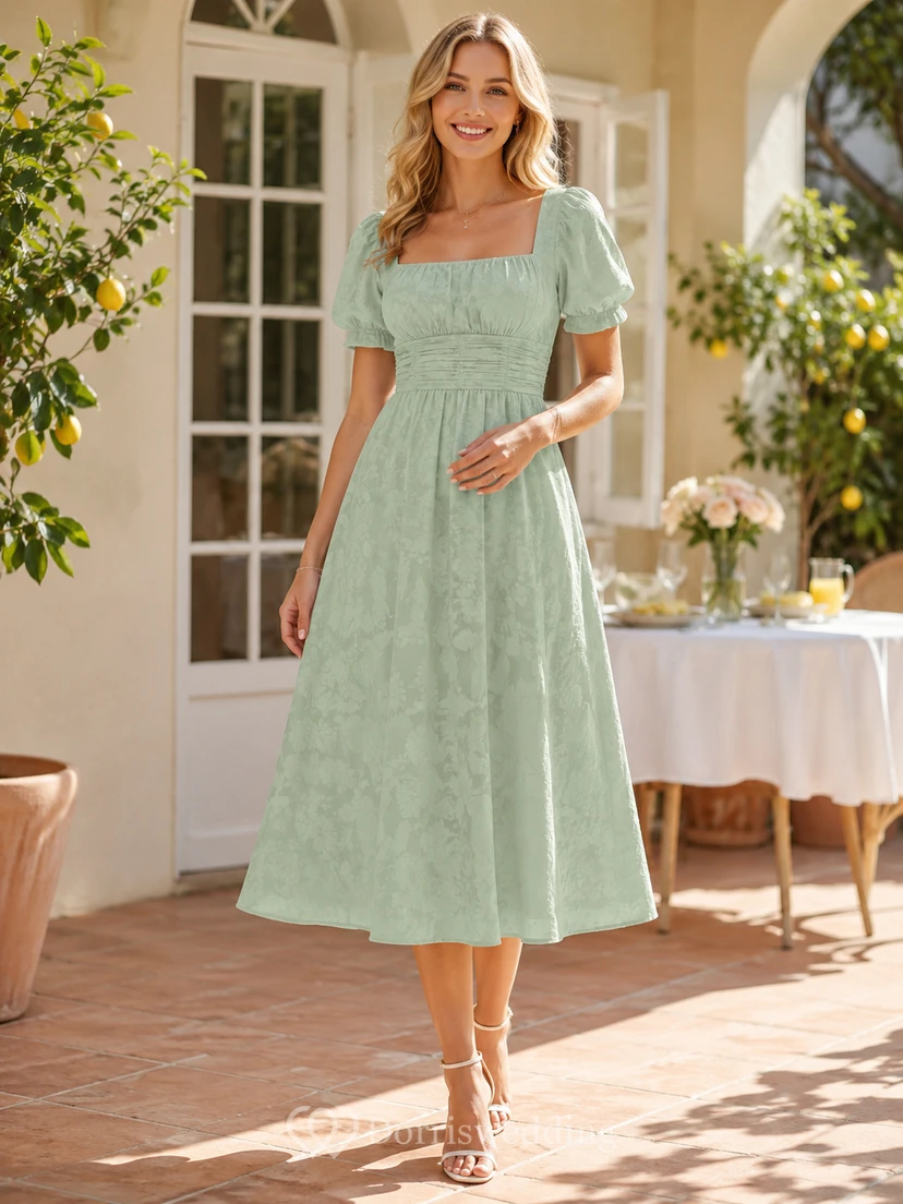 Mint square neck puff sleeve textured A-line midi dress