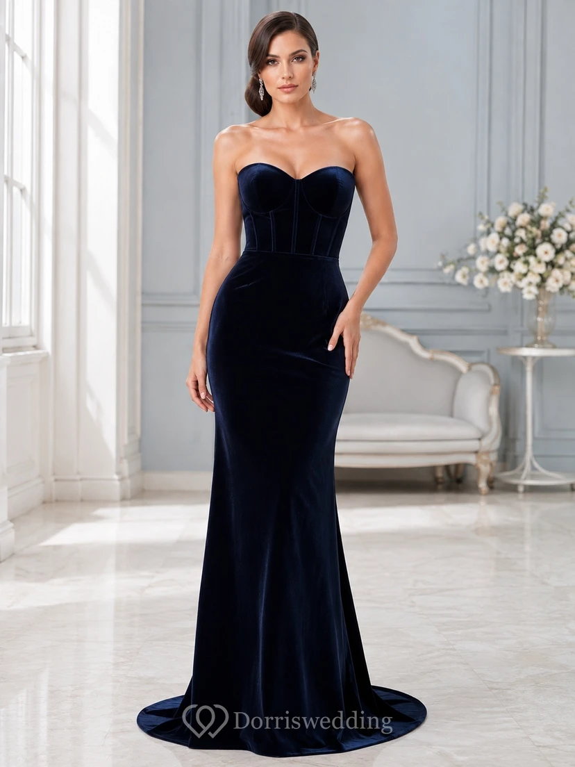 Ink Navy Modern Velvet Strapless Sweetheart Sheath Evening Gown