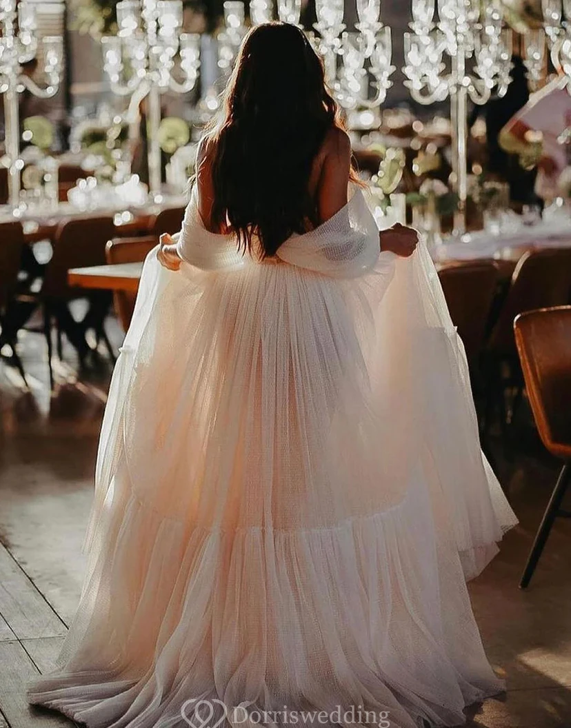 Modern Off-Shoulder Tulle Wedding Dress with Tiered Skirt view 2