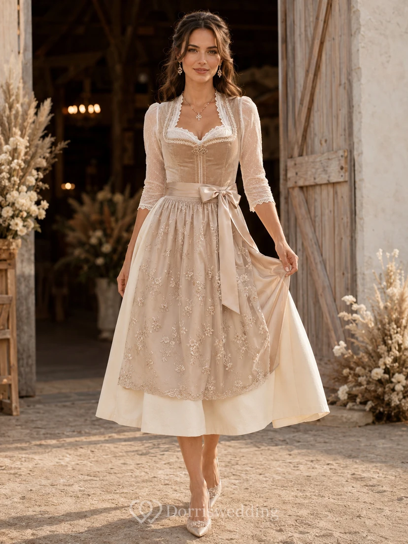 Taupe Elegant Bridal Dirndl Square Neck Three Quarter Lace Sleeve Tea Wedding Dress
