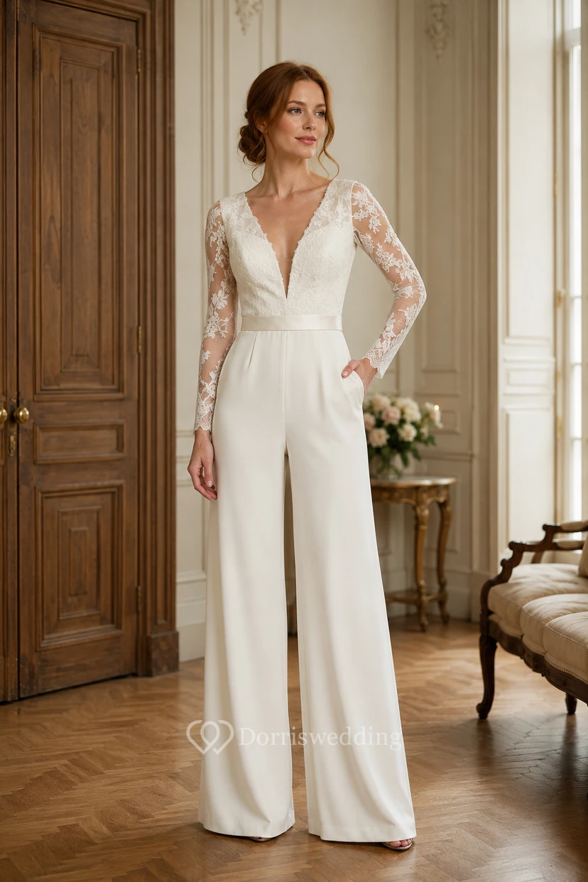 Elfenbeinfarbener Jumpsuit mit V-Ausschnitt, Spitze und langen Ärmeln für die Hochzeit