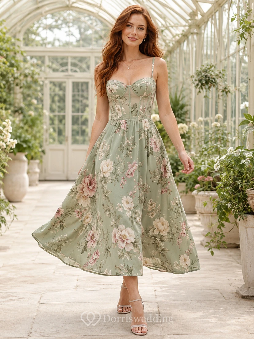 Robe midi trapèze à bretelles corset et décolleté cœur, imprimé floral sauge