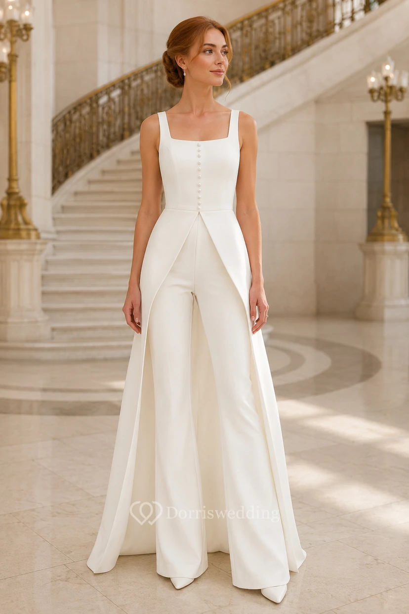 White Square Neck Bridal Jumpsuit with Long Overskirt Panels