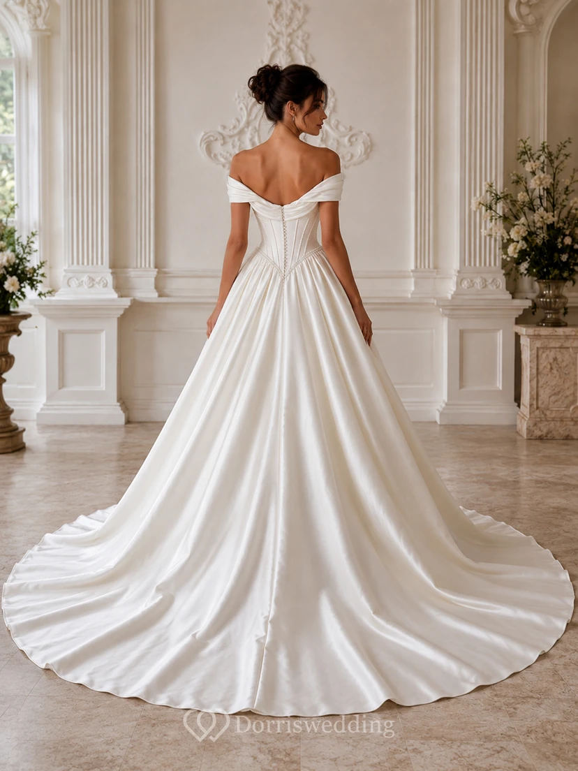 Vestido de gala de satén con hombros descubiertos para novias mayores con cola de capilla view 2