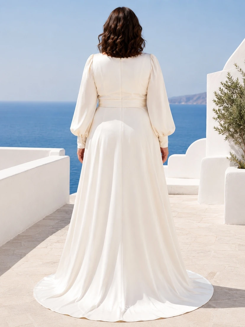 Simple Elegant V-Neck Long-Sleeve Jersey-Chiffon Draped A-Line Floor-Length Wedding Dress view 2