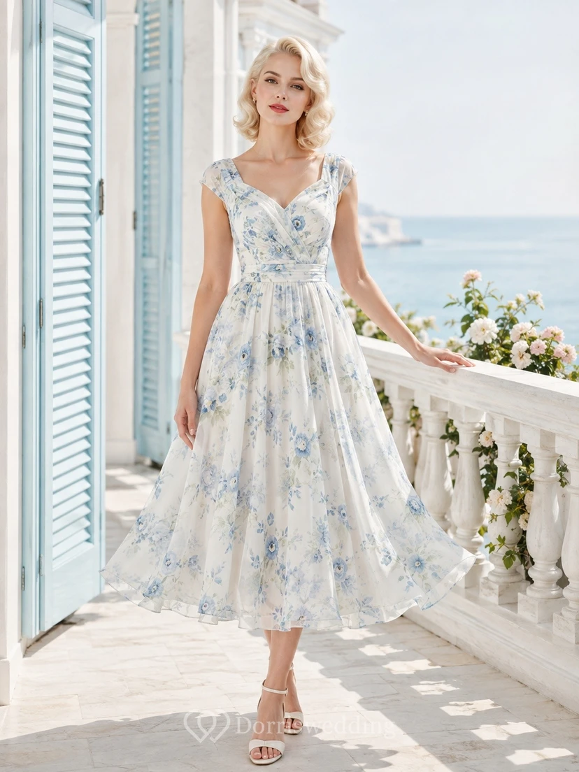 Robe midi sans manches à col carré vintage bleu ciel à fleurs et style vintage