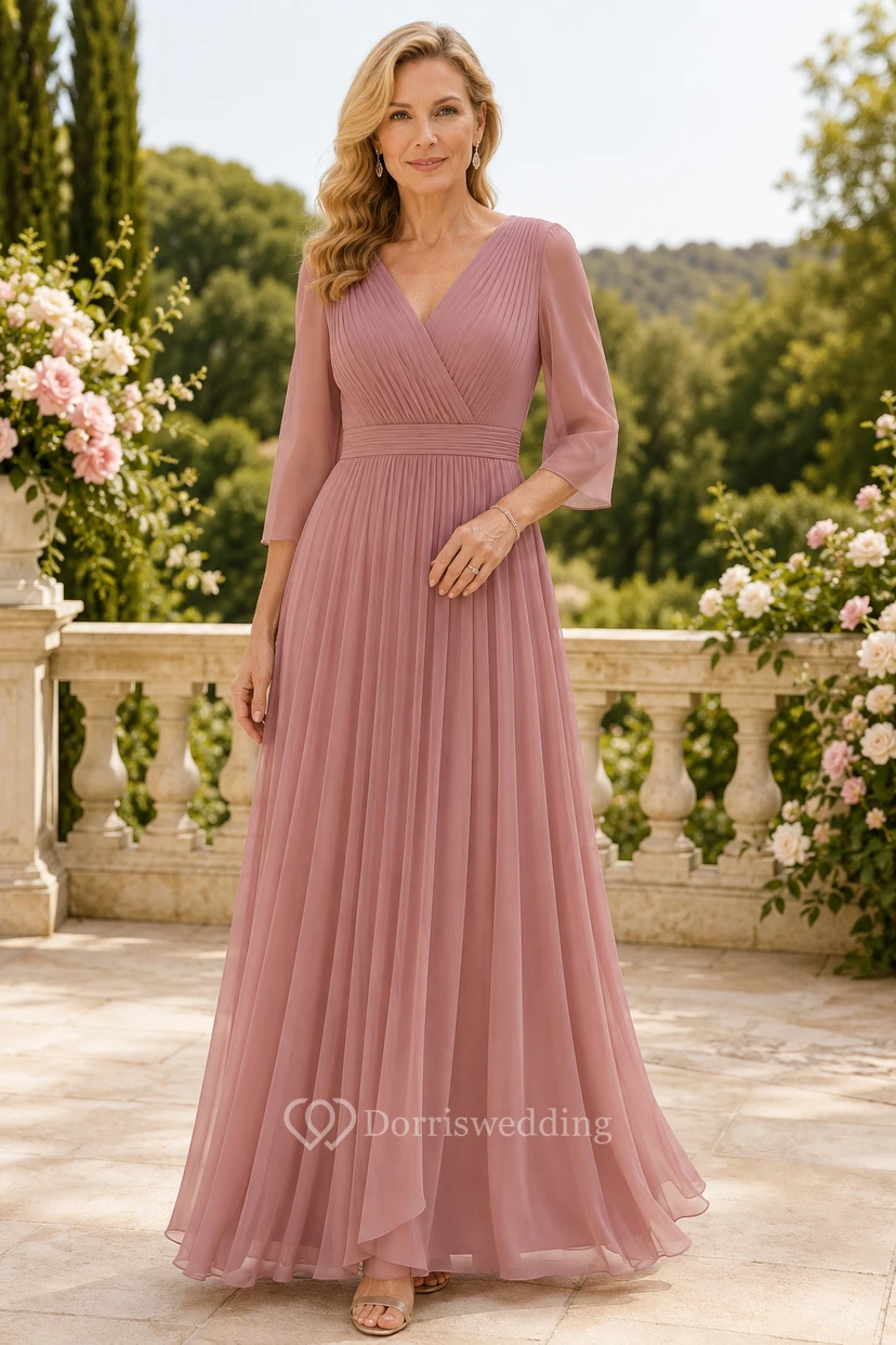 MOB-Kleid, altrosa Tüll, A-Linie, 3/4-Ärmel, V-Ausschnitt, bodenlang, plissiert