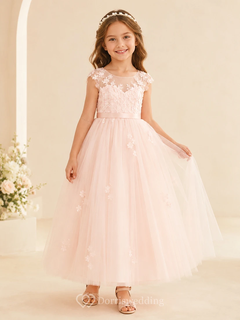 Blush Lace Bodice Tulle A-Line Flower Girl Dress with Jewel Neck and Tea-Length Skirt