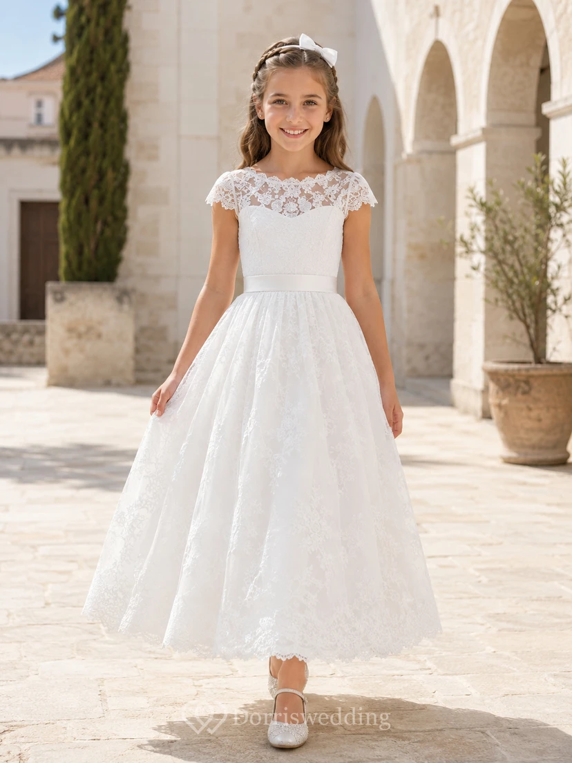 Lujoso vestido de comunión largo hasta el suelo con encaje y mangas cortas estilo barco.