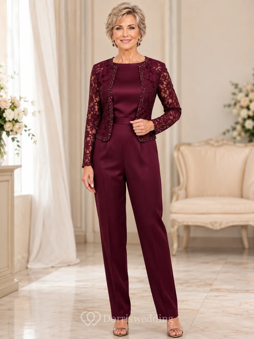 Burgunderfarbener Jumpsuit von Mother mit Satin-Top mit Rundhalsausschnitt, Spitzenjacke und gerader Hose