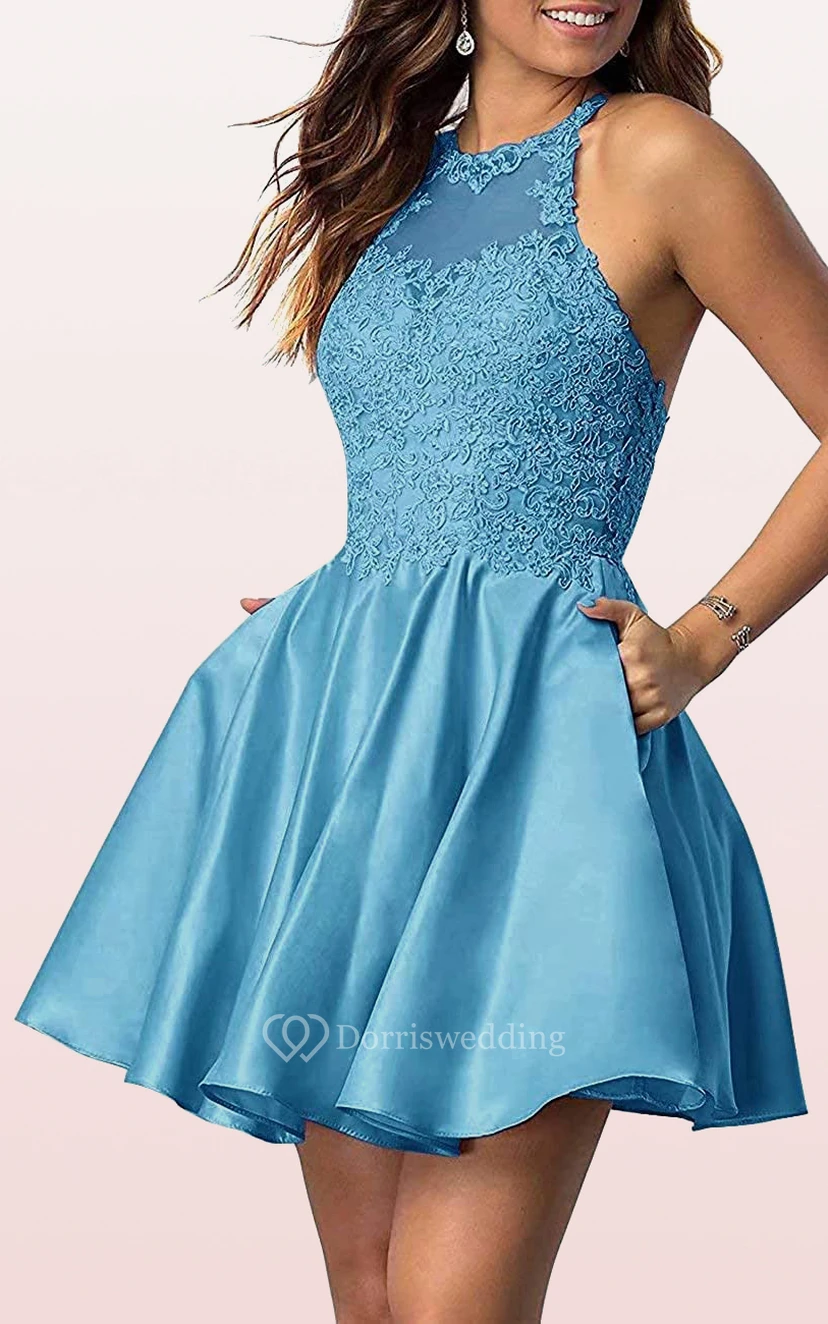 Robe de bal simple mini trapèze sans manches en satin et dentelle avec appliques view 3