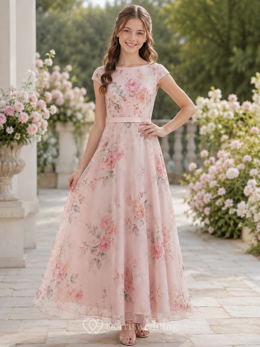 Zartrosa Brautjungfernkleid im A-Linien-Stil mit Rundhalsausschnitt, kurzen Ärmeln und floralem Muster im Boho-Stil