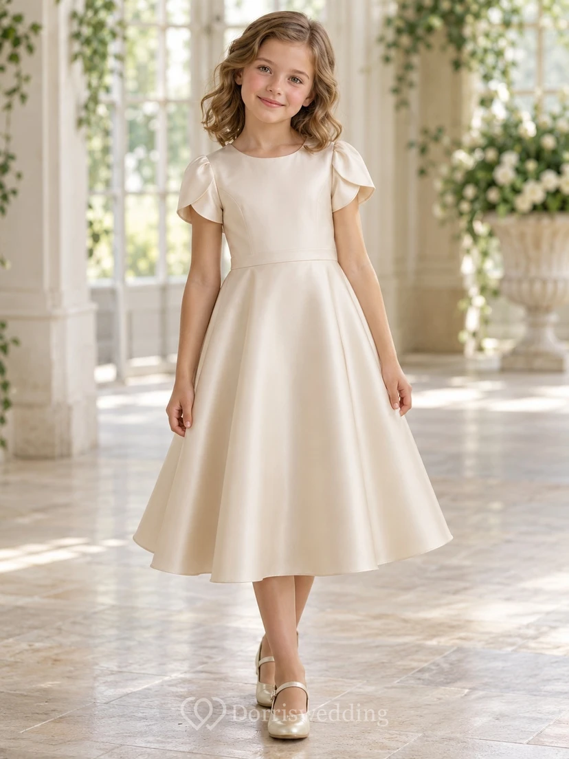 Modest Champagne Tea-length Compact Petal Sleeve Long Tail Bow Satin Flower Girl Dress view 2
