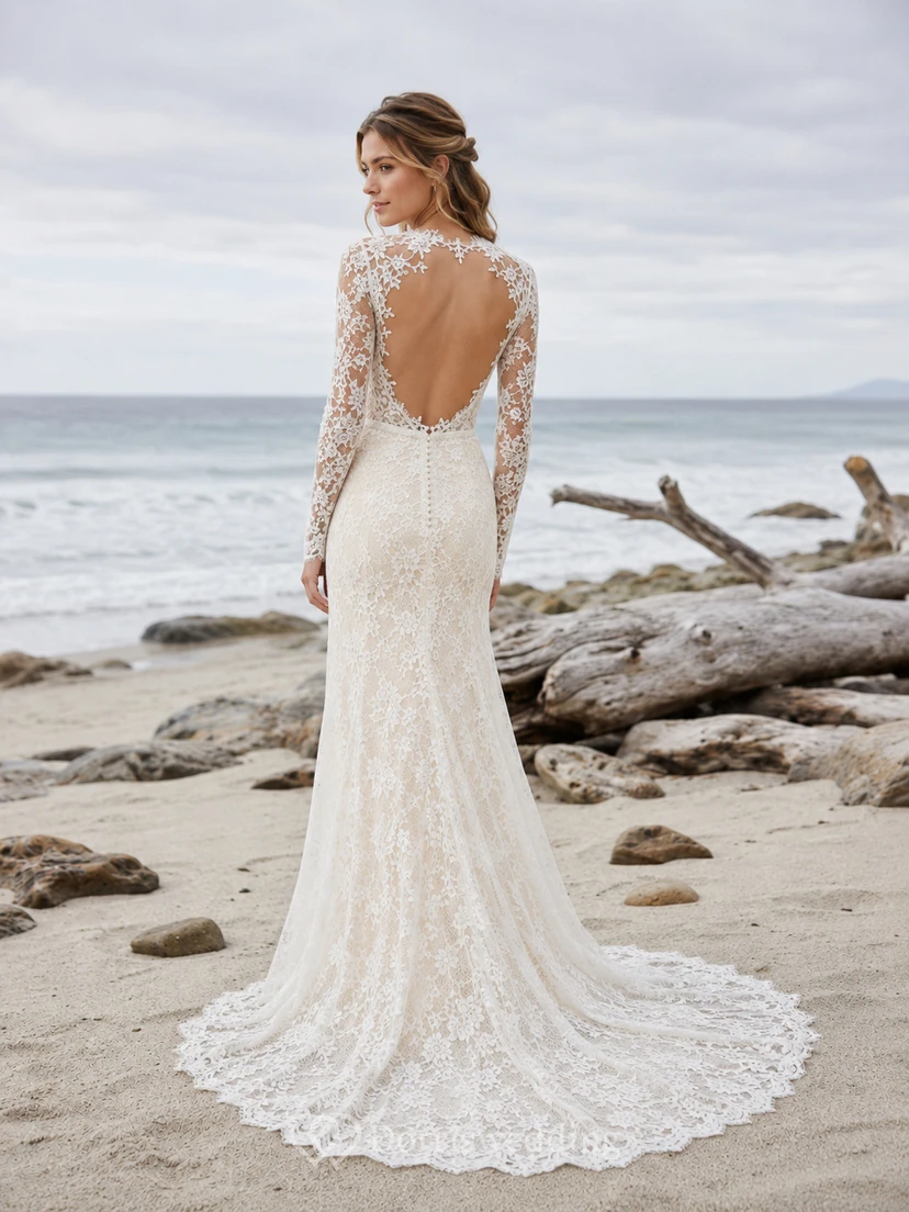 Robe de mariée sirène spectaculaire en dentelle à col montant et manches longues illusion avec traîne chapelle view 2