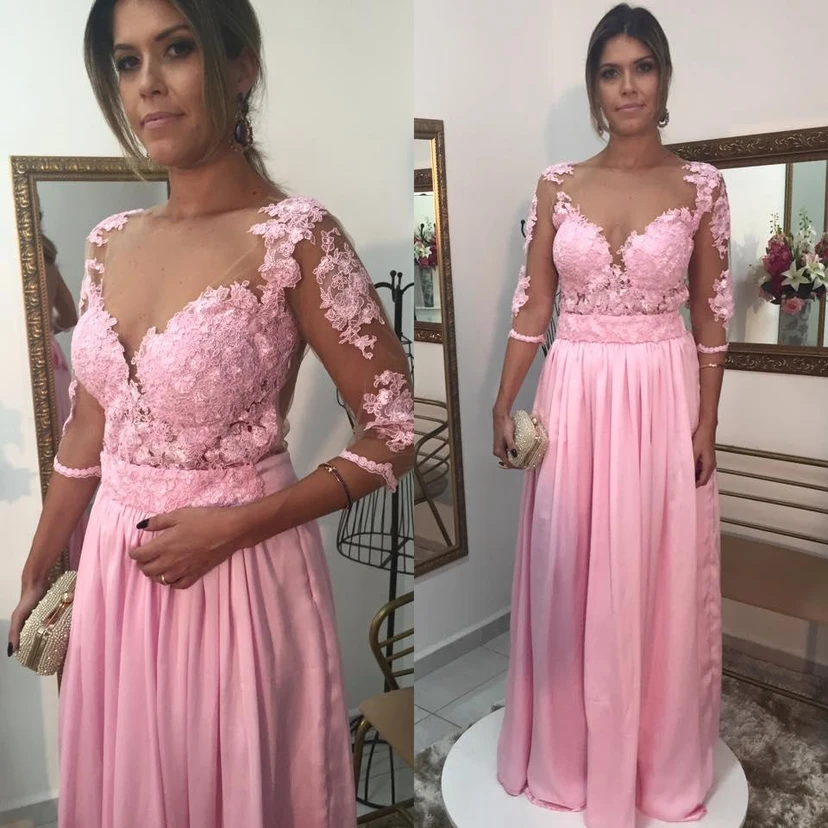 Timeless Lace Appliques Pink Evening Dress 3-4-Length Sleeve A-line view 2