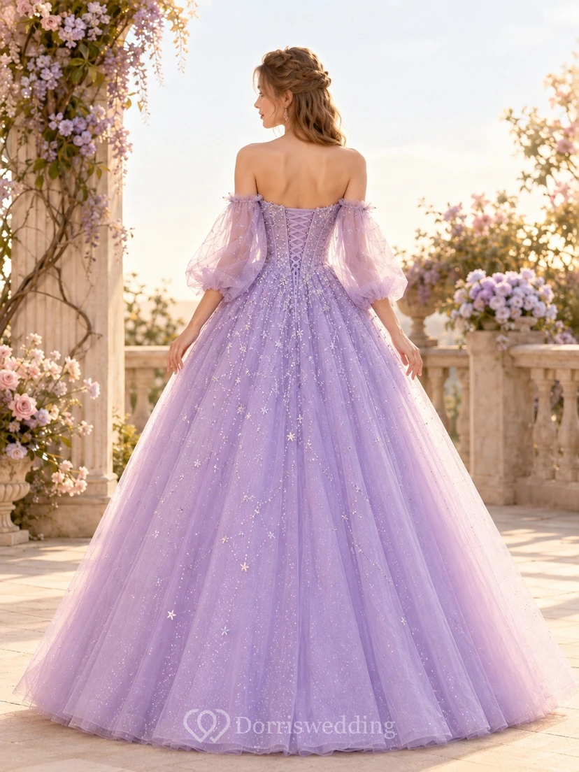 Lavender Tulle Off-the-shoulder Long Sleeve Sequin Ball Gown view 2