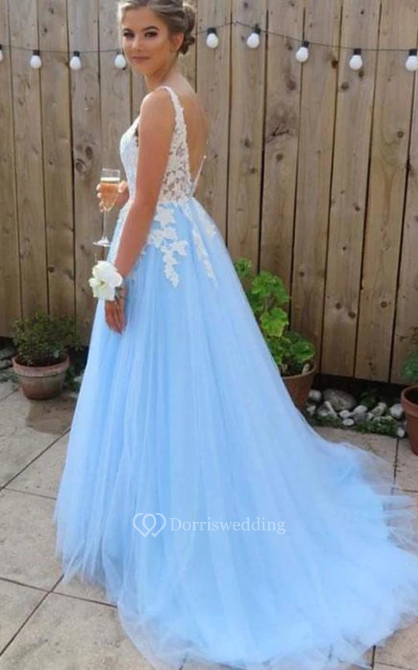 Tulle Floor-length Brush Train A Line Sleeveless Adorable Formal Dress with Appliques view 2