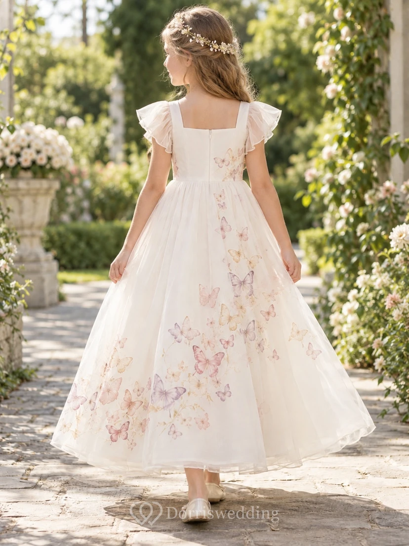 Square Neck Ivory Butterfly Print Flutter Sleeve Organza A-line Flower Girl Dress view 2
