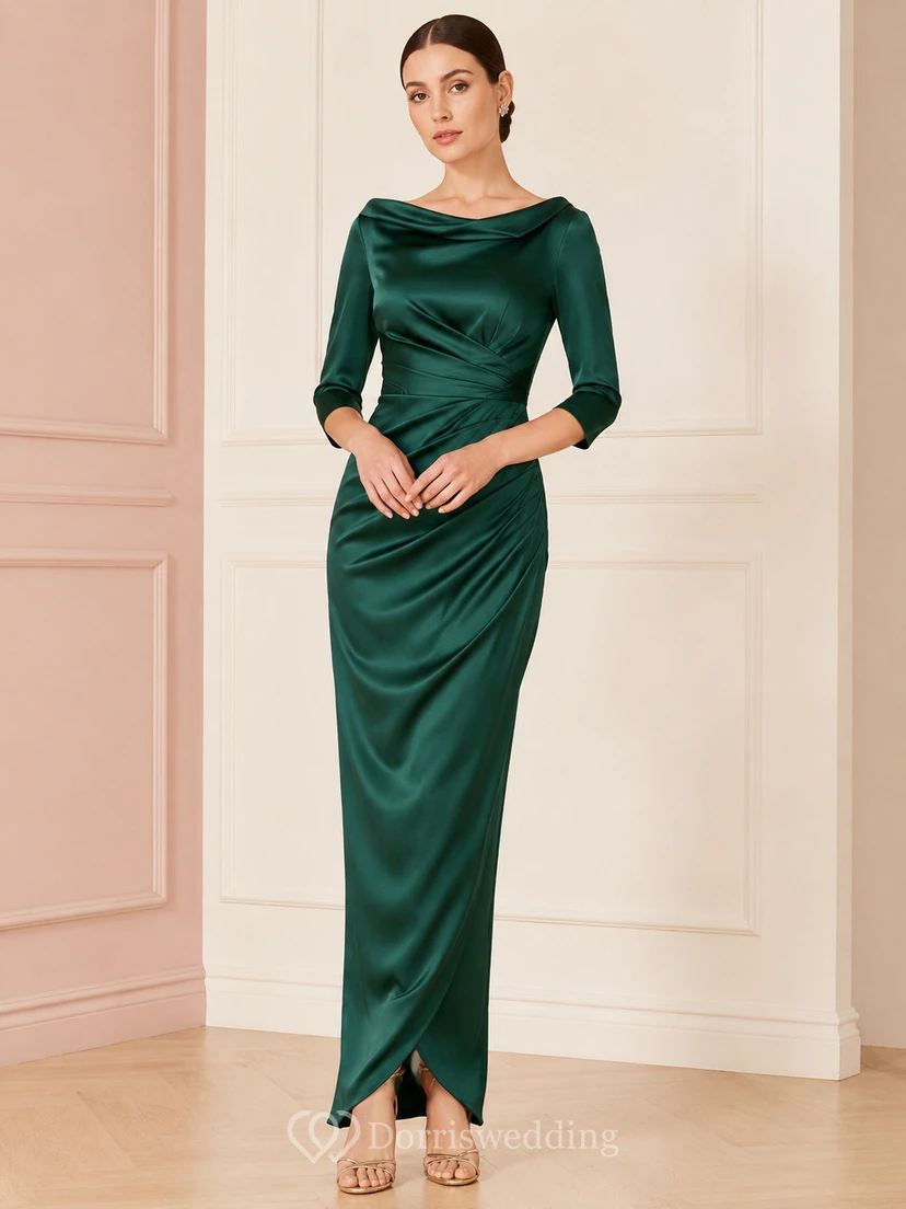 Emerald Cowl Neck Three Quarter Sleeve Draped Sheath Dress