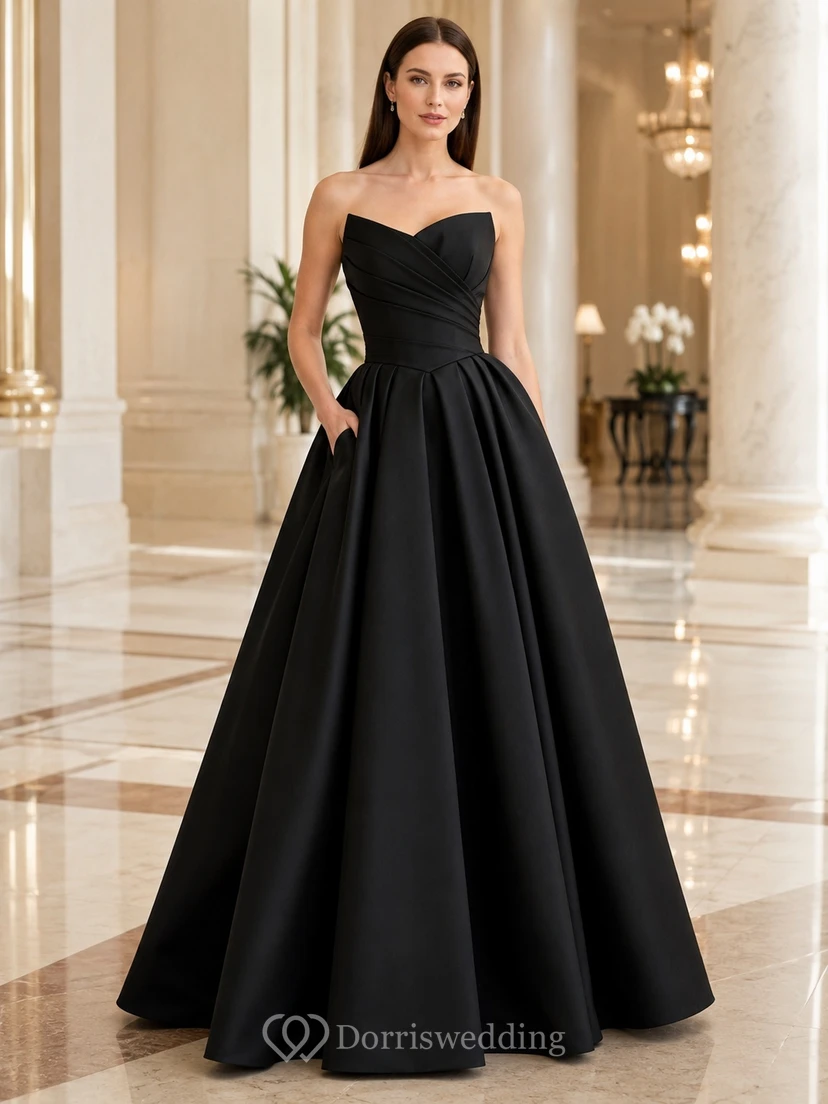 Black Strapless Satin Ball Gown Floor Length Elegant Evening Formal Dress