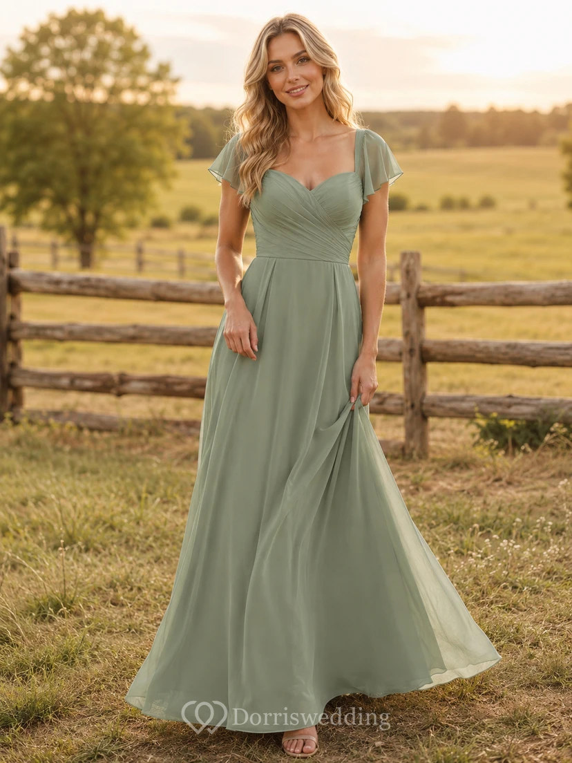 Sage Chiffon A-Line V-Neck Flutter Sleeve Pleated Low Back Floor-Length Bridesmaid Dress