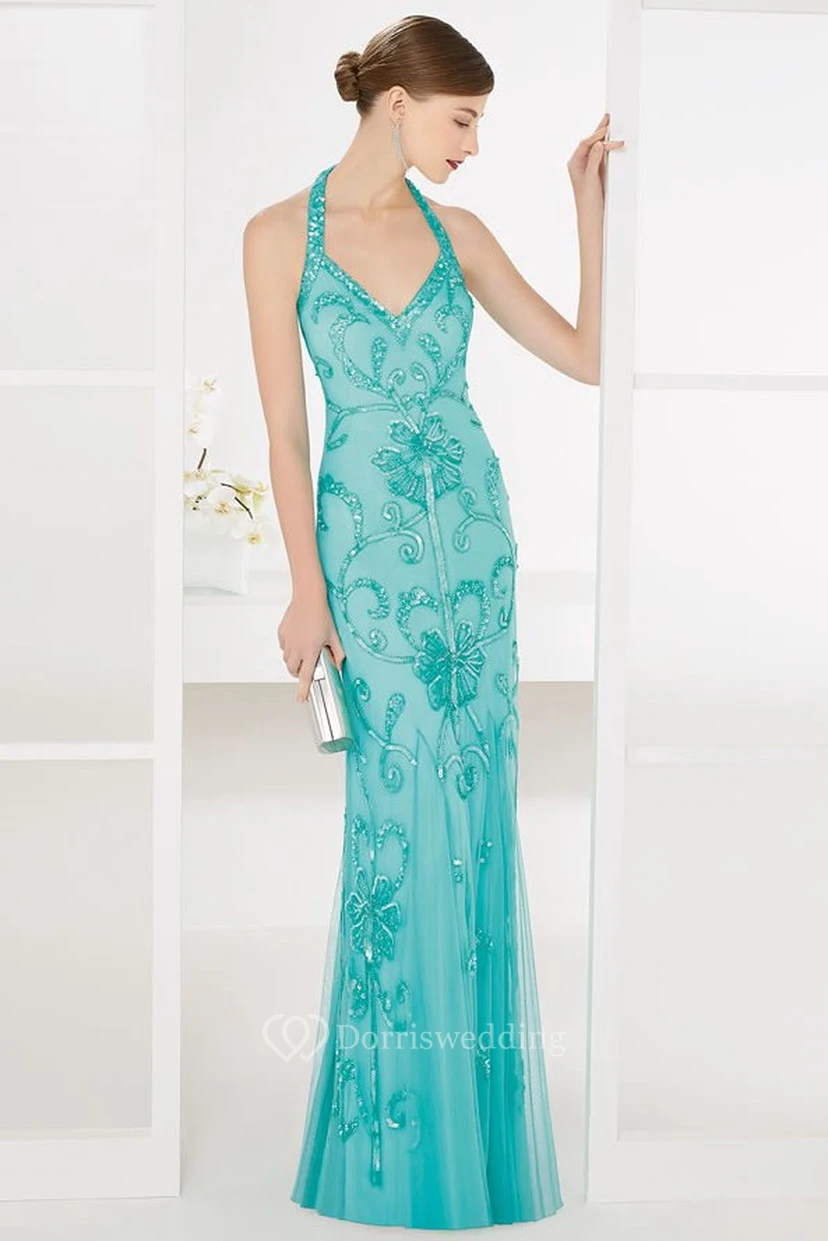 Halter Sheath Tulle Long Prom Dress With Sequined Embroidery