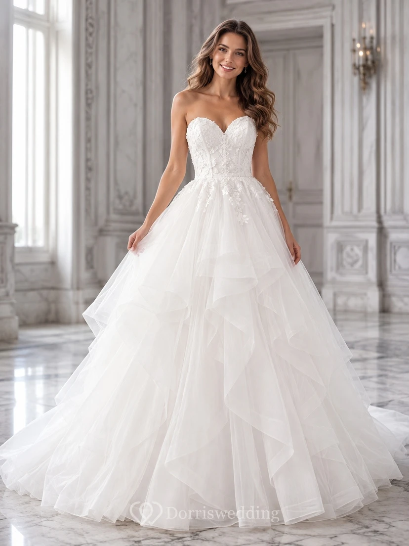 Vestido de novia romántico de tul con escote corazón, sin tirantes, estilo princesa y cola de capilla.
