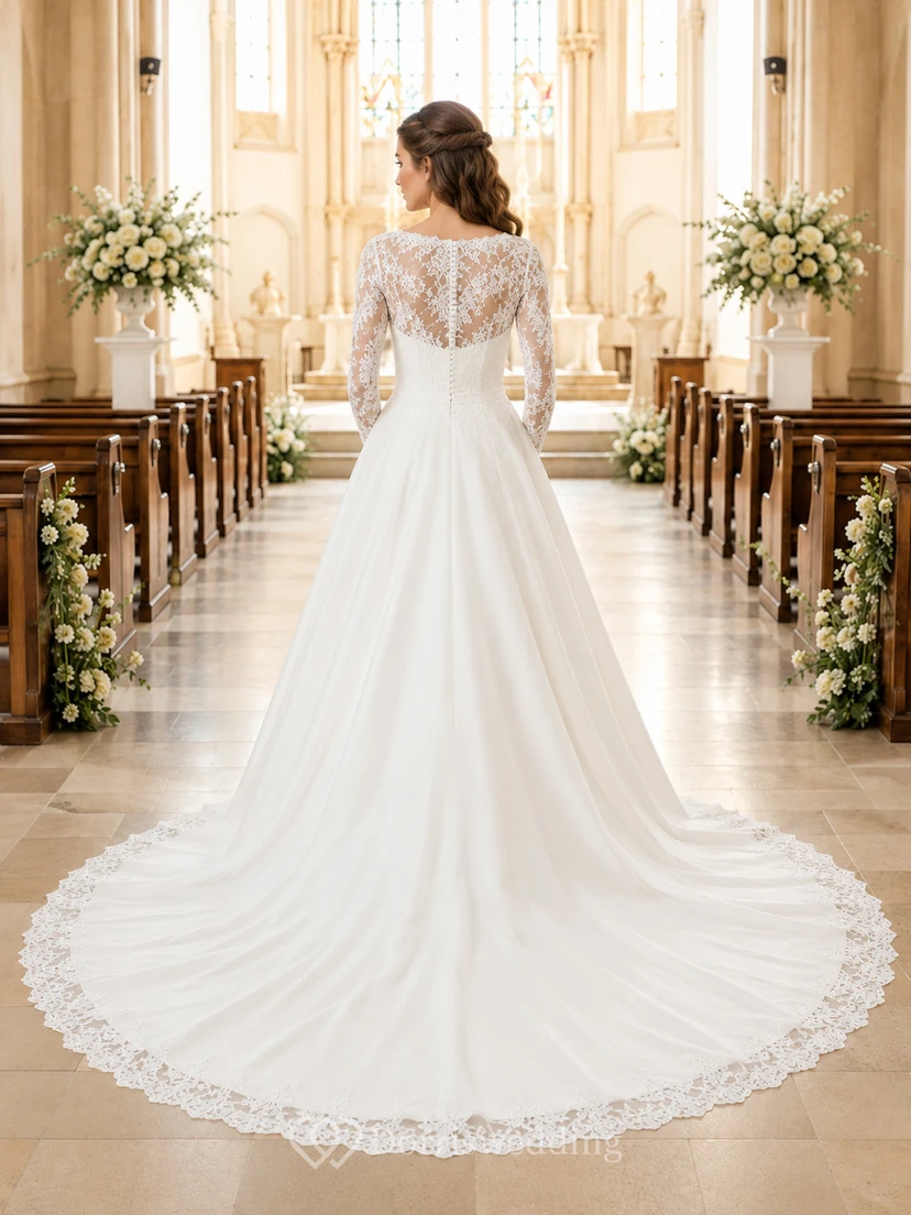 Modest Church Long Sleeve Lace Ball Gown Wedding Dress view 2