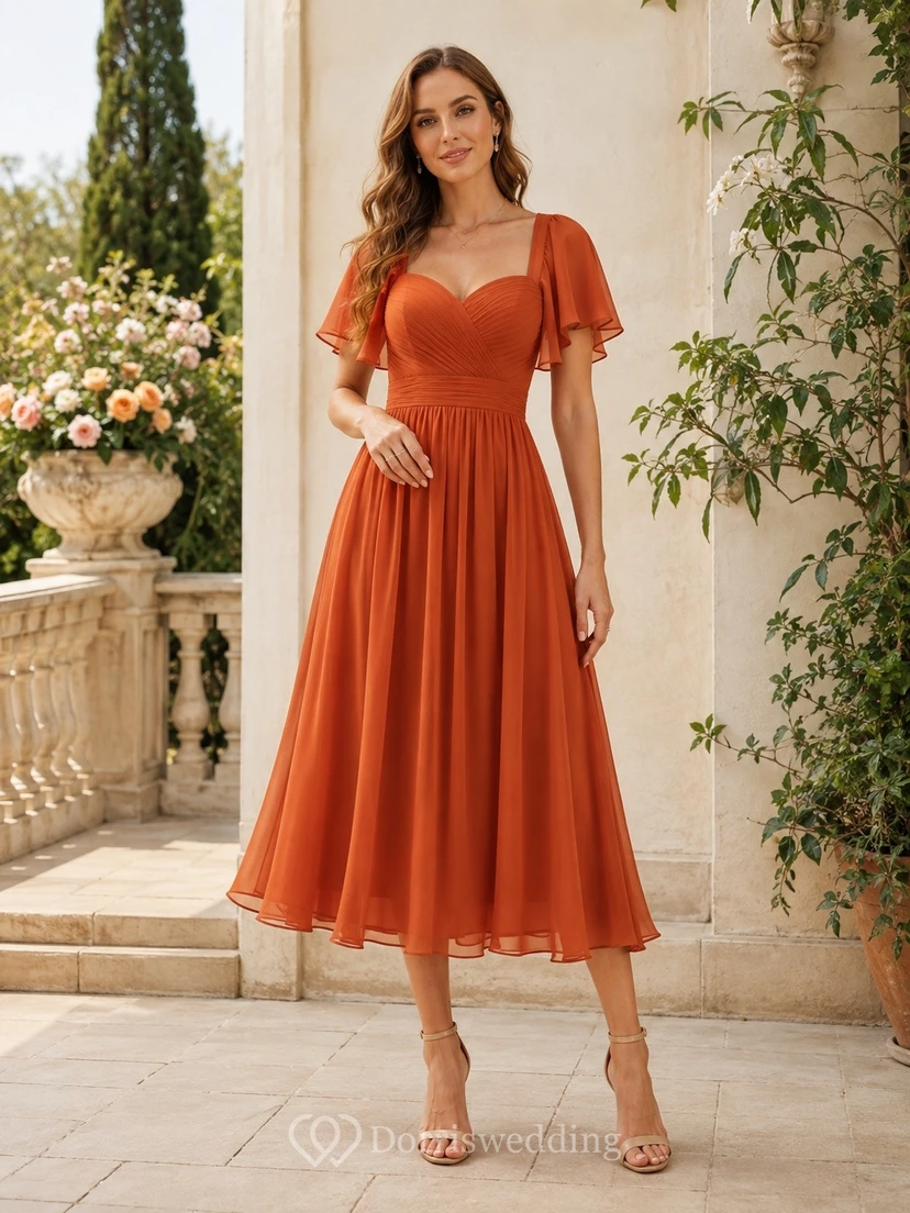 Gebranntes Orange, teelanges A-Linien-Kleid mit herzförmigem Ausschnitt und flatternden Ärmeln, perfekt für Hochzeiten und als Gastkleid.