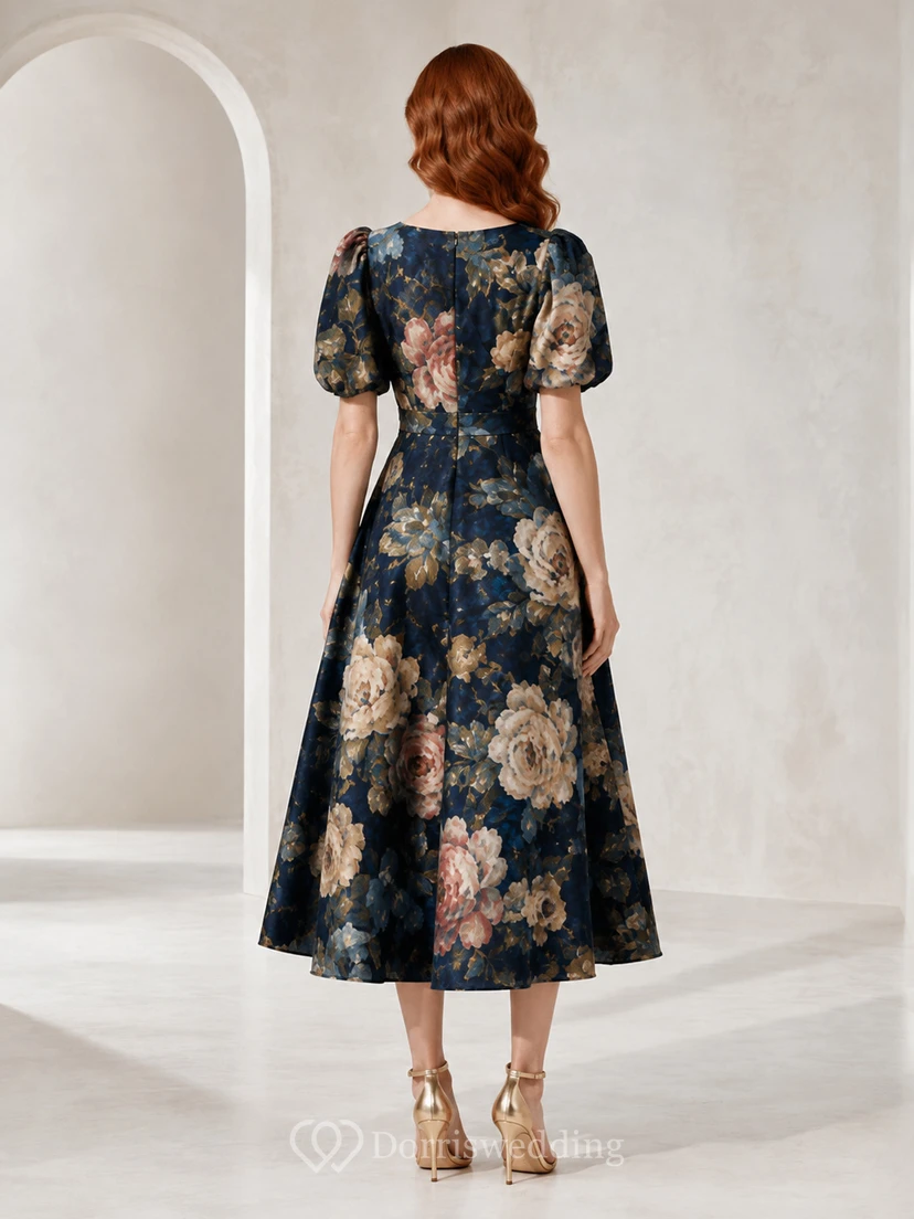 Vestido midi de invitada con mangas abullonadas y estampado floral de pintura al óleo negra view 2