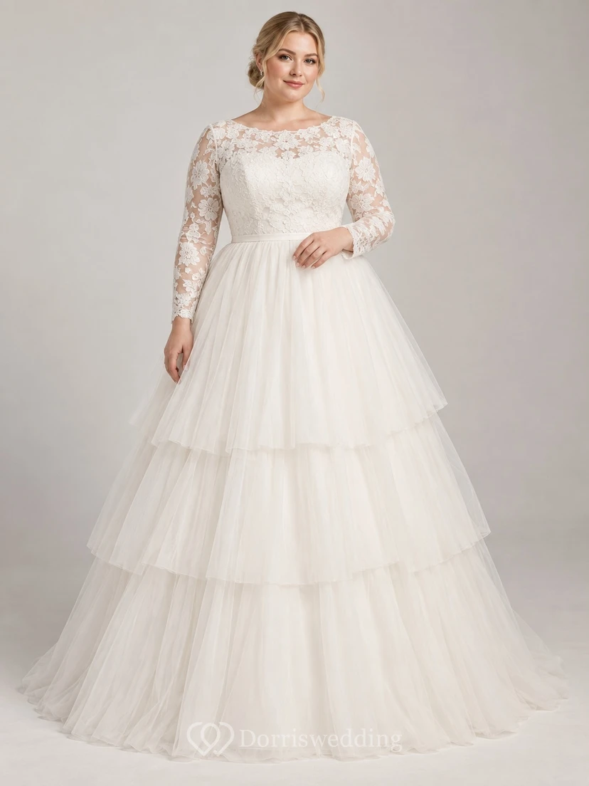 Vestido de novia de encaje de manga larga con escote redondo discreto y falda de tul escalonada en línea A.