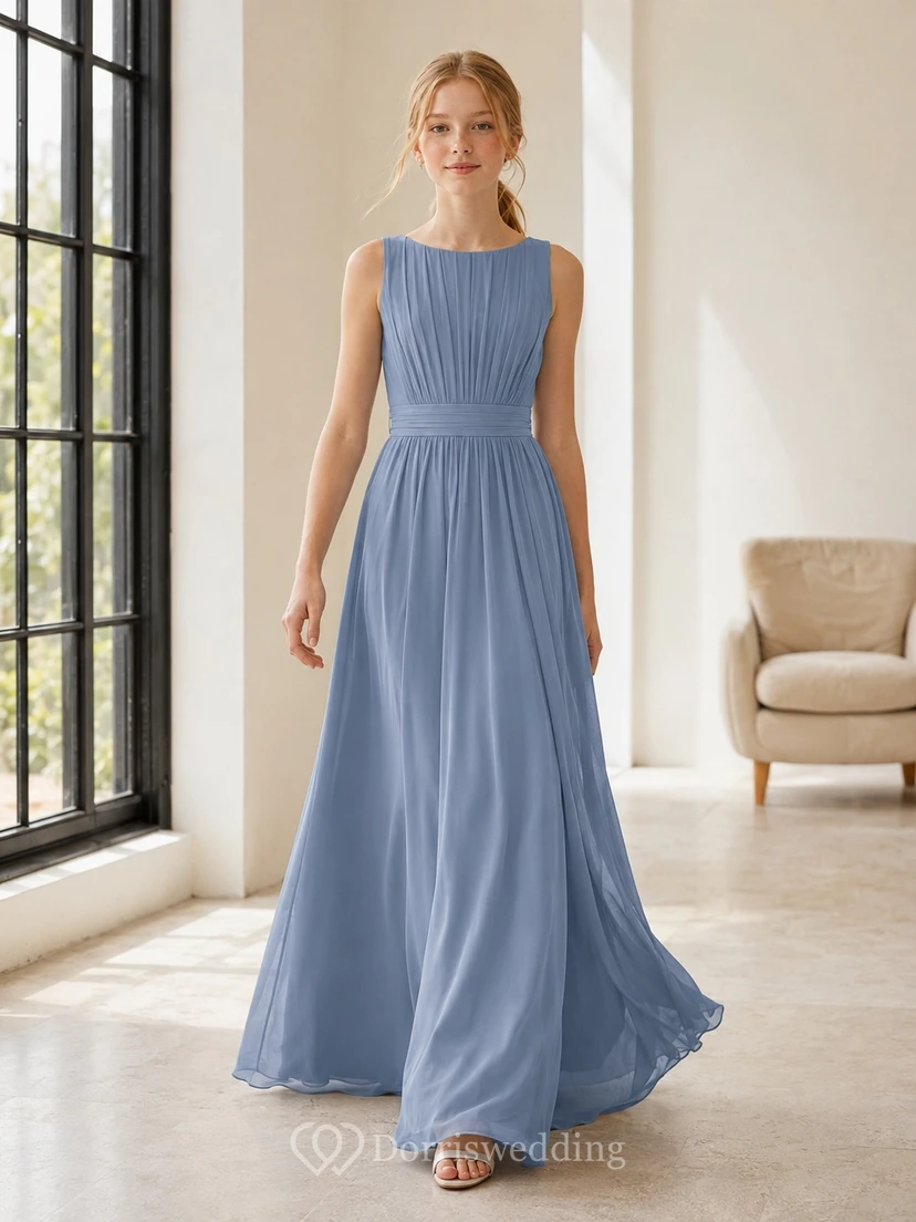 Stahlblaues, elegantes A-Linien-Brautjungfernkleid aus Chiffon mit Schmucksteinen, ärmellos