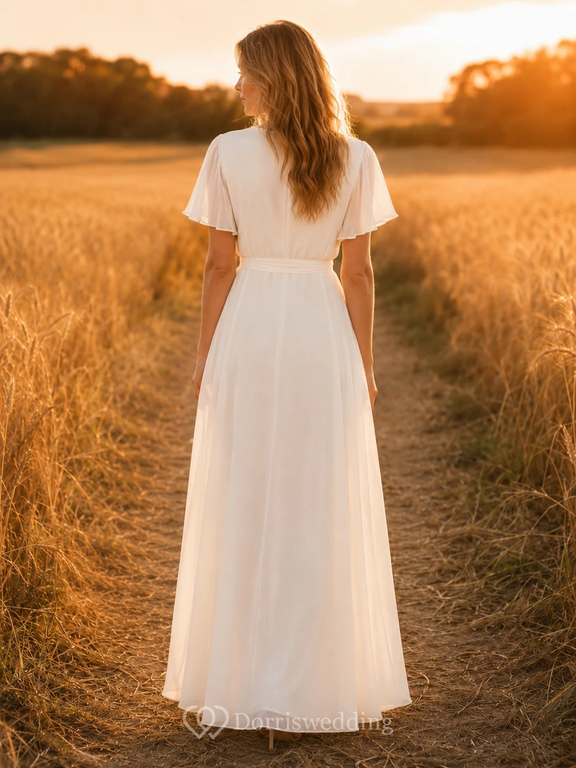 V Neck Flutter Sleeve Chiffon Field Engagement Photo Dress view 2