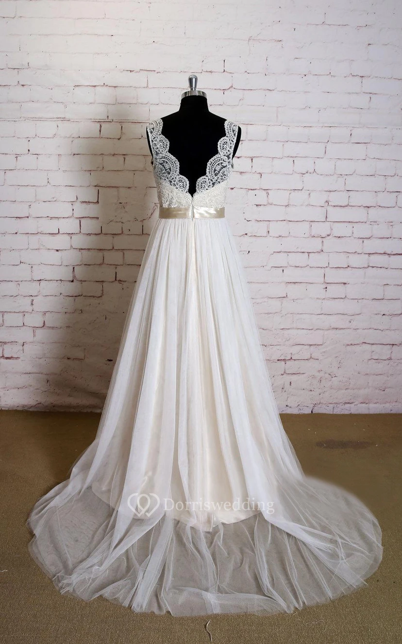Sleeveless Queen Anne Neck A-Line Tulle Vow Renewal Dress With Satin Sash view 2