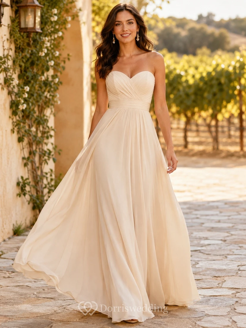Robe de demoiselle d'honneur romantique bustier en mousseline champagne coupe trapèze, décolleté cœur