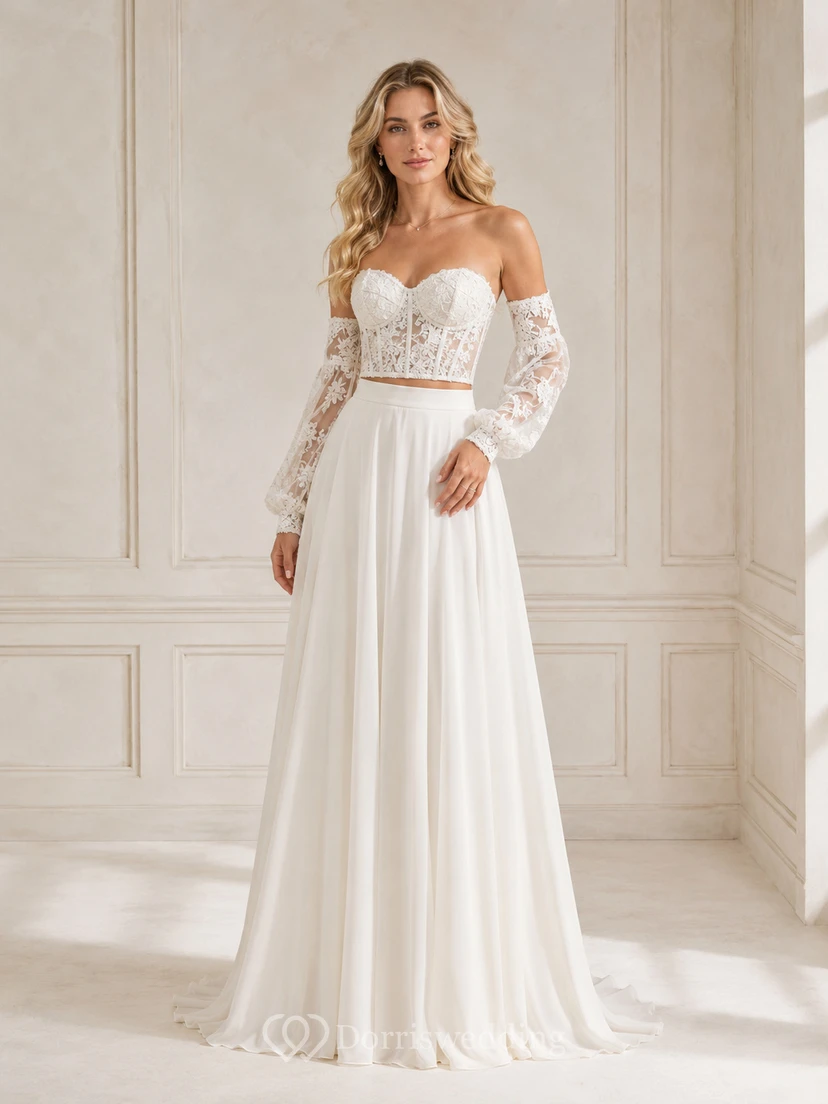 Vestido de novia de dos piezas de gasa y encaje con escote Bardot y manga larga con cola.