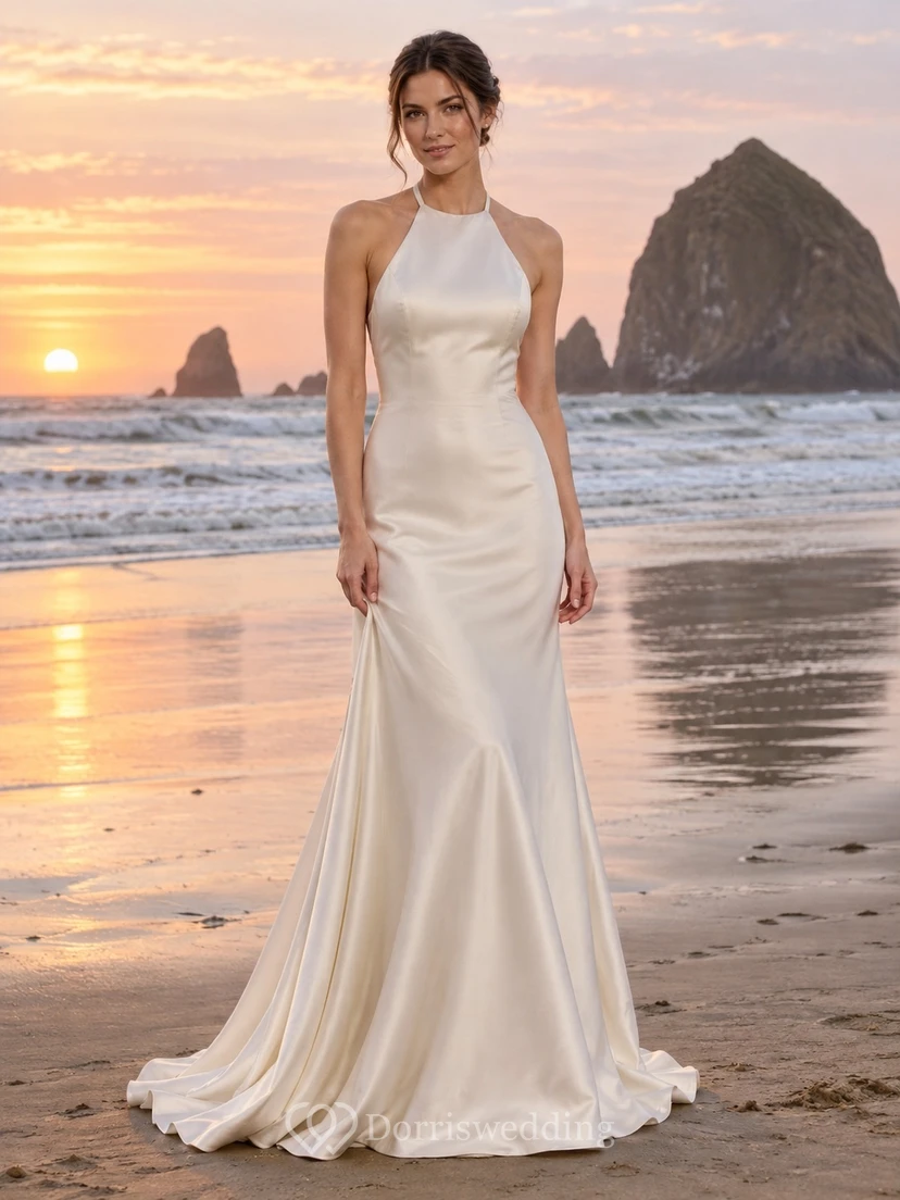 Simple Halter Mermaid Sleeveless Smooth Charmeuse Floor Length Wedding Dress