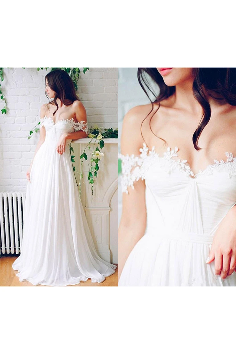 Beach Chiffon A line Floor Length Off-Shoulder Bridal Gown With Pleats view 3