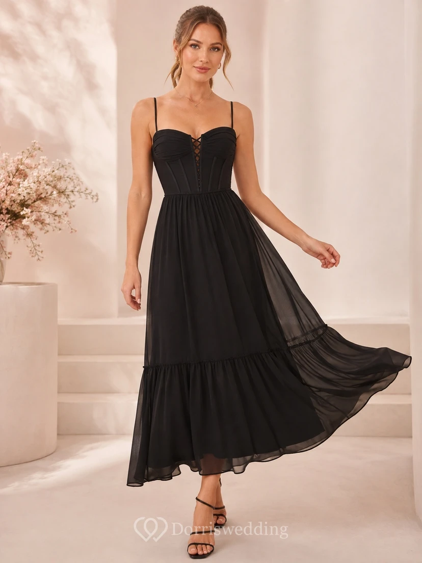 Black Spaghetti Strap Sweetheart Corset Chiffon Tiered Ankle-Length A-Line Guest Dress