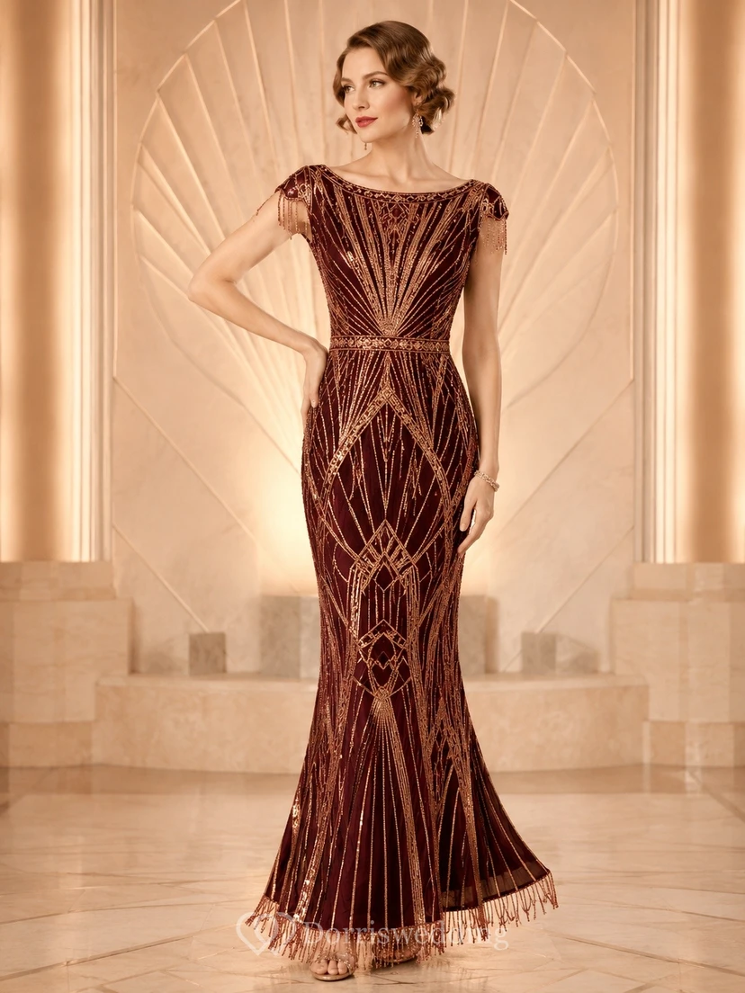 Art Deco Brown Beaded Cowl-Neck Sleeveless Mermaid Floor-Length Formal Dress