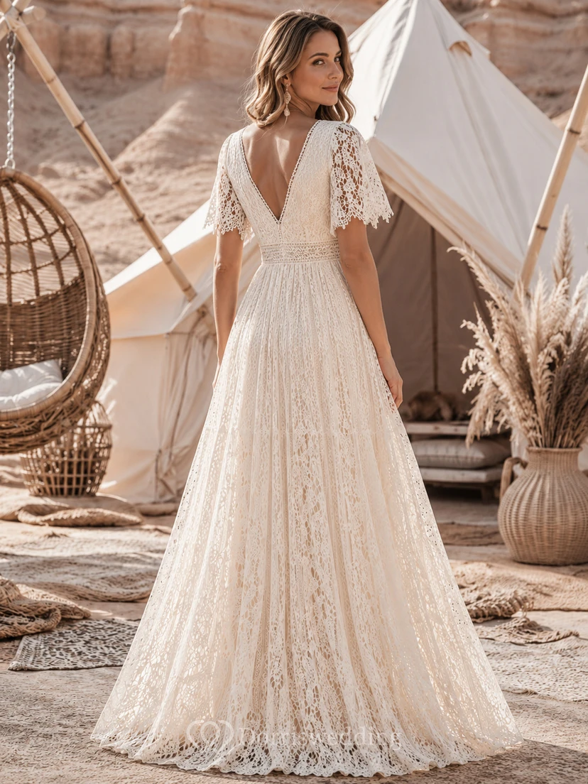 Vestido bohemio de encaje de ganchillo con mangas acampanadas y corte en A para fugas románticas en el desierto view 2
