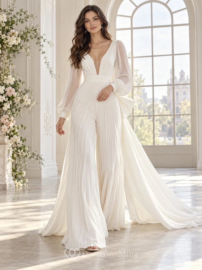 Combinaison de mariée à manches longues, col en V, plissée, style palazzo, avec nœud dans le dos