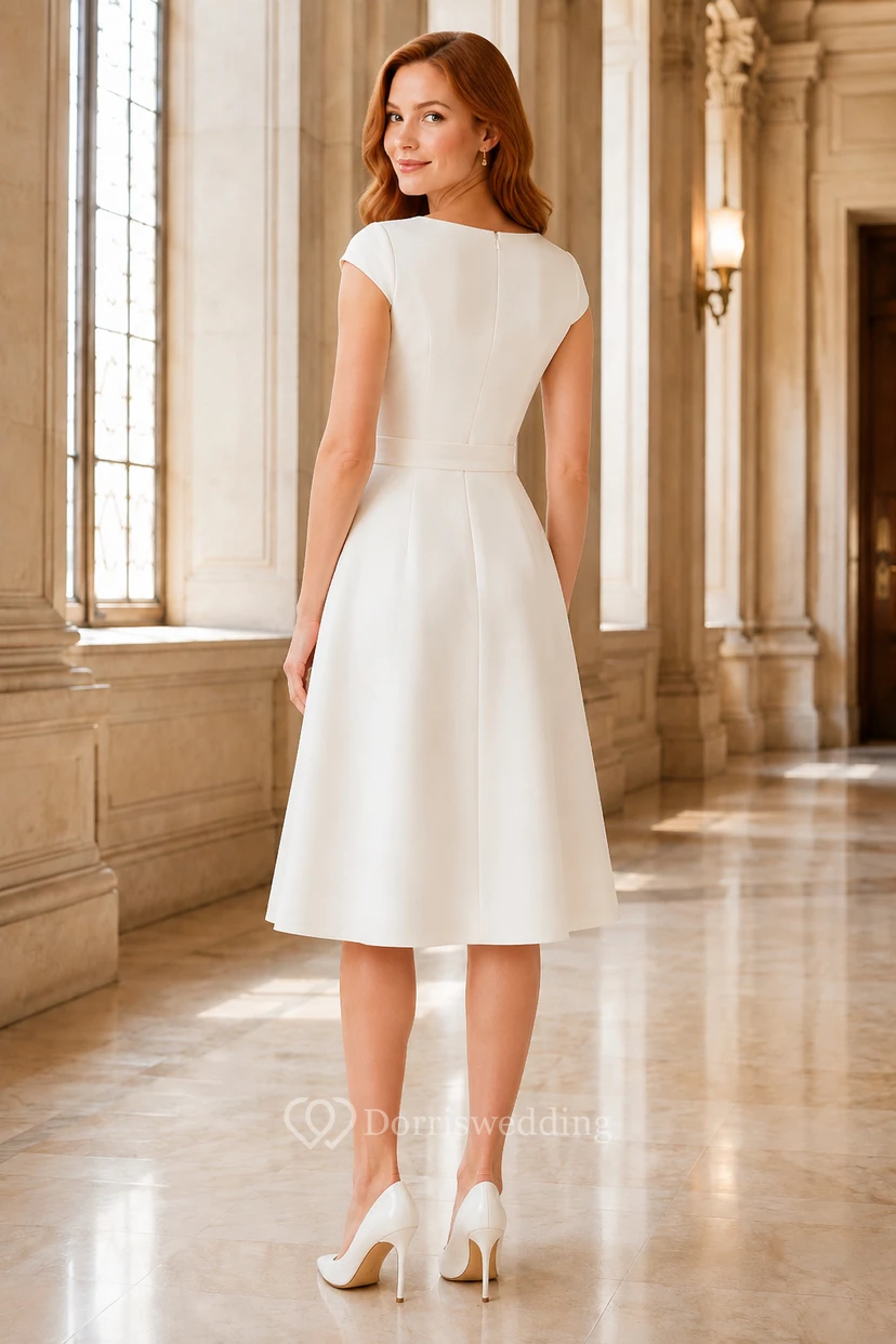 Robe de mariée en satin à encolure carrée, longueur thé, jupe trapèze épurée view 2